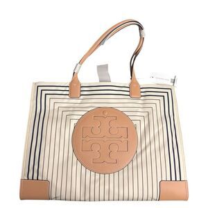 Tory Burch Ella Printed Tote Box Stripe Natural Vachetta Canvas Shopper New $268